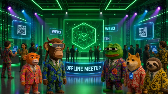 A vibrant illustration of a 'WEB3 OFFLINE MEETUP' featuring anthropomorphic animal characters—including a monkey, frog, dog, and sloth—dressed in colorful suits, surrounded by neon green lighting and Ethereum-themed graphics.