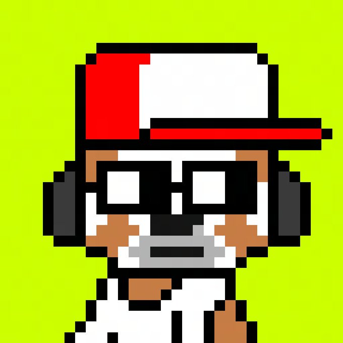 A pixel art character wears a red and white cap, large white-framed glasses, and headphones against a lime green background.