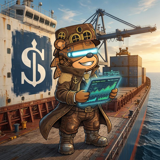 A steampunk-style anthropomorphic bear captain in nautical attire stands on the deck of a rusted cargo ship, holding a glowing holographic tablet displaying "live charter revenue" charts, while a stylized "$" anchor logo is painted on the ship's hull beside stacked shipping containers—visually representing EthraShip's claim of operating real dry bulk vessels with live revenue since 2021, as mentioned in the post.