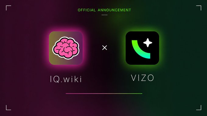 An 'OFFICIAL ANNOUNCEMENT' graphic showing a collaboration between IQ.wiki (pink brain logo) and VIZO (green crescent moon logo) on a dark background.