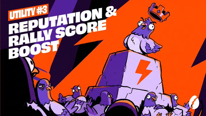 A vibrant graphic with orange and purple colors titled 'UTILITY #3: REPUTATION & RALLY SCORE BOOST' featuring cartoon pigeons and a crown, resembling crypto utility promotions.