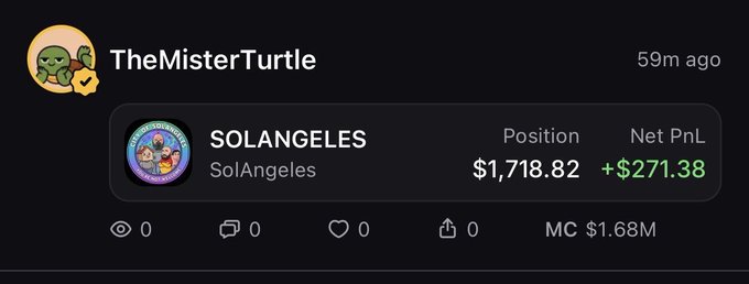 The image shows a cryptocurrency tracker, specifically a position in "SOLANGELES" with a value of $1,718.82 and a net profit of +$271.38. This relates to the post "good mornin chiggas in solangeles" by indicating a positive investment in "SolAngeles."