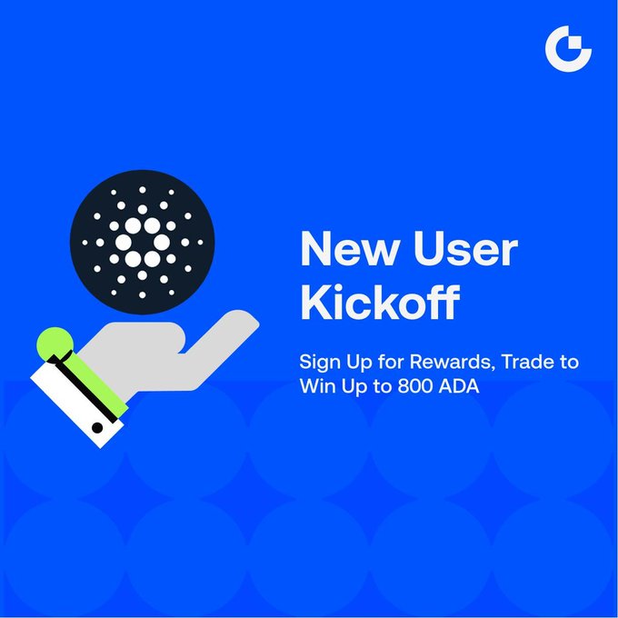 The image is a promotional graphic with a blue background featuring a hand holding a Cardano (ADA) coin alongside the "G" logo in the top right corner. The text reads "New User Kickoff - Sign Up for Rewards, Trade to Win Up to 800 ADA!" which directly supports the post's call to action offering new users rewards up to 800 ADA plus a 10 USDT futures voucher for signing up and completing their first trade.