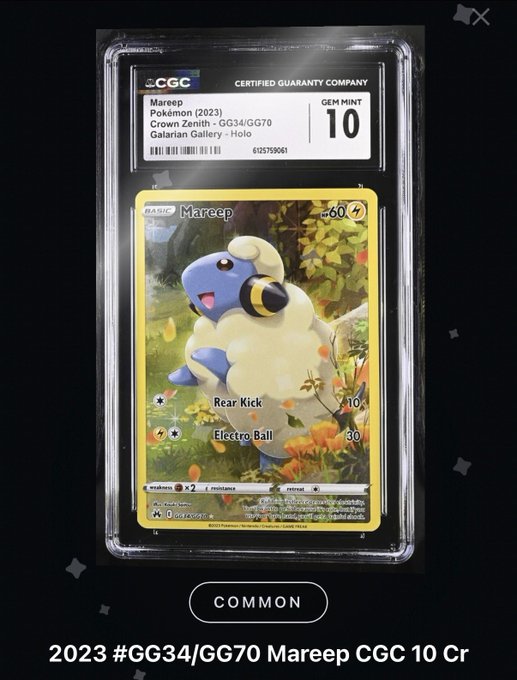 A CGC-graded (Gem Mint 10) 2023 Pokémon Mareep holo card (#GG34/GG70) from the Galarian Gallery set is displayed in its protective slab, marked as a "Common." The image ties into the post's advice, showcasing a beloved Pokémon card pulled from Solflare packs while reminding collectors to appreciate the thrill of the pull rather than focus on card value.