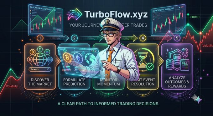 An infographic for 'TurboFlow.xyz' outlining a 5-step journey to 'INFORMED TRADING DECISIONS' with the steps 'DISCOVER THE MARKET', 'FORMULATE PREDICTION', 'MONITOR MOMENTUM', 'AWAIT EVENT RESOLUTION', and 'ANALYZE OUTCOMES & REWARDS'.