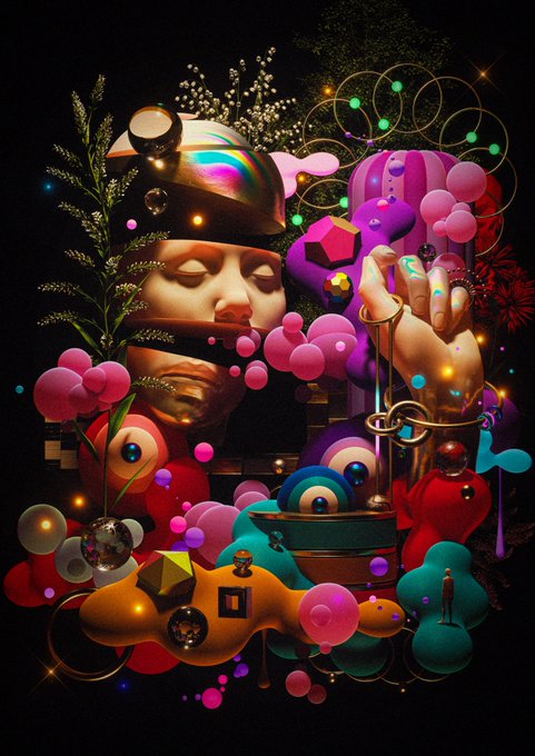 A surreal, vibrant 3D digital artwork featuring a fragmented classical bust, a disembodied hand, and various geometric shapes, spheres, and plants in pink, purple, and gold tones against a black background.