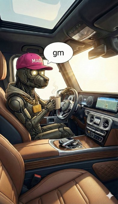 A cartoon robot wearing a pink hat sits inside a car with its steering wheel visible. The robot has a cup of coffee in one hand and a cell phone in the other, suggesting that it might be multitasking or taking a break from work. The image also includes text about a project called "@useTria powered by @MindoAI Smashing multi chain friction. Total UX and liquidity convergence zero fragmentation, absolute abstraction".