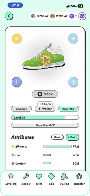 Mobile app screen displaying a green virtual sneaker NFT at Level 24 (Walker, 1-6 km/h) with ID 16552, an efficiency of 79.6, luck of 20.6, comfort of 20.6, and shoe mint count of 0/7, including options to level up, repair, mint, sell, fusion, and transfer.