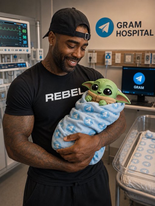 A smiling man in a black "REBEL" shirt holds a green Baby Yoda wrapped in a Telegram-branded blanket inside "GRAM HOSPITAL," visually symbolizing the nurturing of early $GRAM tokens as patient "seeds" that will pay off during the upcoming $GRAM memecoin supercycle.