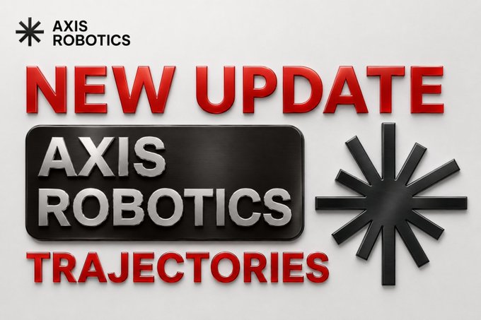 A promotional graphic announces an Axis Robotics update, featuring bold red "NEW UPDATE" text, a black "AXIS ROBOTICS" logo badge, and the word "TRAJECTORIES" alongside a starburst symbol. The image visually highlights the brand and the new Trajectories-based referral program mentioned in the post about updated Creator Program multipliers.