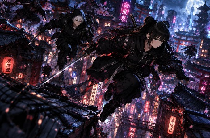 An anime-style artwork shows two ninja characters in black outfits wielding swords, leaping dynamically over a neon-lit Tokyo cityscape at night with cherry blossoms falling.