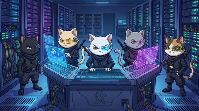 A team of five anthropomorphic cats in ninja gear and tactical goggles operate futuristic holographic terminals inside a neon-lit server room, embodying the gritty, relentless grind of late-night crypto work. The image's "In the trenches" theme is visually represented by the cats' focused, determined hacker personas working heroically through the digital underground.