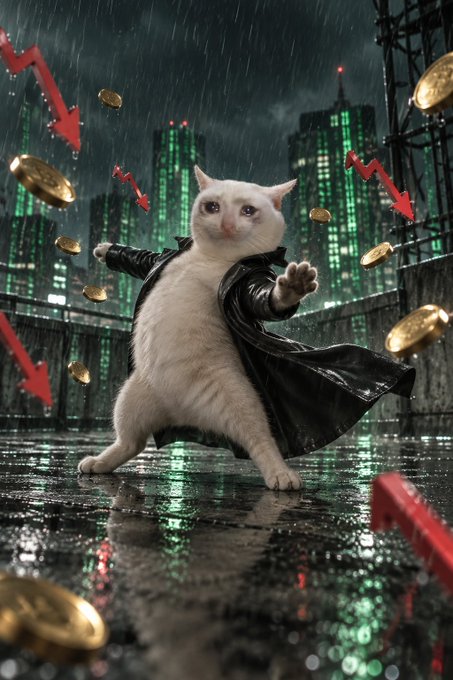A white cat in a black coat stands amid falling coins and red downward arrows against a rainy financial-city backdrop, suggesting a cryptocurrency-market downturn.