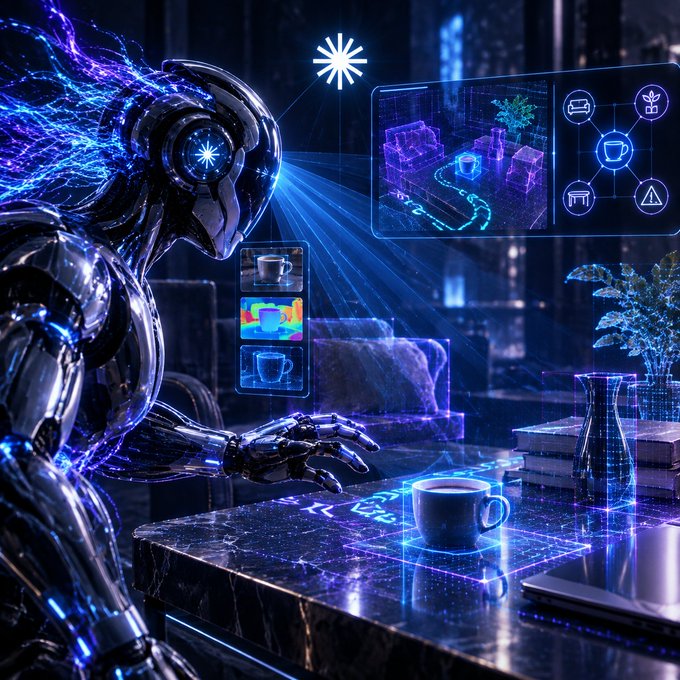A futuristic digital illustration of a sleek metallic humanoid robot interacting with a holographic interface, featuring neon blue and purple accents, a coffee cup on a marble counter, and floating UI elements.