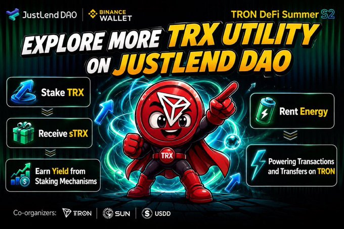 The image is a promotional banner for the "TRON DeFi Summer S2" campaign, featuring JustLend DAO and Binance Wallet co-branding. It uses a red TRX mascot superhero character and illustrates the TRX utility flow—Stake TRX to Receive sTRX and Earn Yield from Staking Mechanisms (left side), which enables Rent Energy for Powering Transactions and Transfers on TRON (right side), with TRON, SUN, and USDD listed as co-organizers at the bottom.