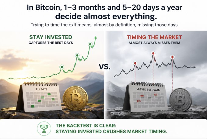 An investment infographic titled 'In Bitcoin, 1-3 months and 5-20 days a year decide almost everything,' comparing 'STAY INVESTED' versus 'TIMING THE MARKET' with two contrasting calendars and Bitcoin visuals.
