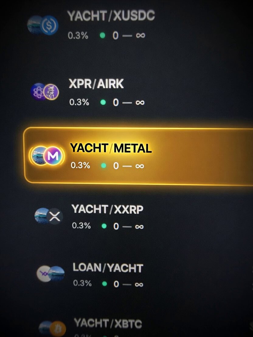 The image shows a screen with a list of trading pairs, including "YACHT/METAL" as one of them. The text indicates that this pair can be used for trading, and there are options available for both coins and ether. The post also mentions that there is still burning supply in the market, which could potentially affect the value of these trading pairs.