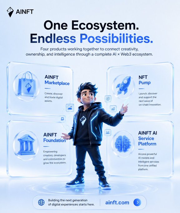 An AINFT promotional graphic titled 'One Ecosystem. Endless Possibilities' featuring four products: AINFT Marketplace, NFT Pump, AINFT Foundation, and AINFT AI Service Platform.