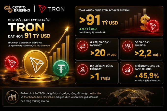 Vietnamese-language infographic from Crypto Briefing and TRON showing TRON's stablecoin market surpassed $91 billion, with daily transactions over $20 billion, 2.2 million daily transactions, and trading volume up 45.9%.