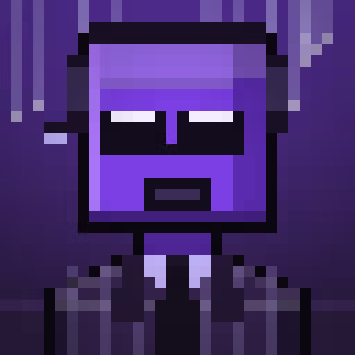 A pixel art portrait of a character with purple skin and a beard, set against a dark purple background.