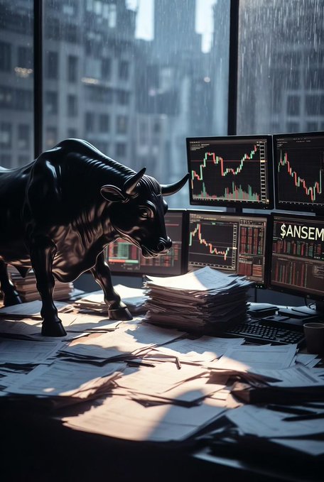 A dramatic scene of a black bull statue standing on a desk covered in scattered papers, with multiple monitors displaying stock/crypto charts and one showing '$ANSEM' in a rainy city setting.