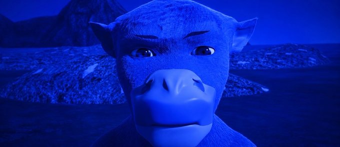 A blue-tinted 3D rendering of a monkey's face in a dark landscape setting.