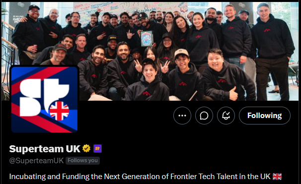 A Twitter/X profile page for @SuperteamUK displaying a UK flag logo, the tagline 'Incubating and Funding the Next Generation of Frontier Tech Talent in the UK', and a group photo of team members wearing matching black hoodies.
