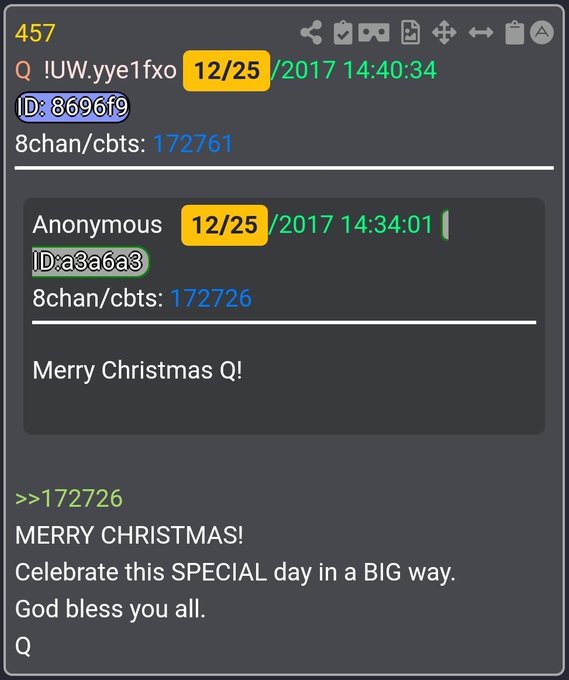 An 8chan thread from 12/25/2017 features a Q post ('Merry Christmas Q!') referencing posts 172726 and 172761, wishing 'MERRY CHRISTMAS!'