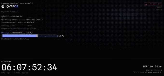 A dark-themed screen displays a QWRFOS firmware flashing process for a device named 'qurf-Flash v26.09.10,' with a progress bar at 63.7% writing 'qvrf-256', and a countdown timer reading '06:07:52:34' dated SEP 10 2026.