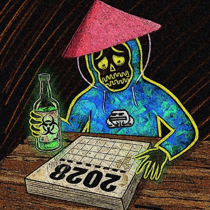 A colorful illustration shows a skeleton figure wearing a blue hoodie and red conical hat, holding a green bottle with a biohazard symbol and standing behind a 2025 calendar marked '2028'.