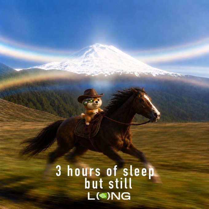 A small dog wearing a cowboy hat and green glasses rides a galloping horse across a grassy field with a snow-capped mountain in the background, accompanied by the text "3 hours of sleep but still LONG" — visually reinforcing the post's message about staying bullish through exhaustion.