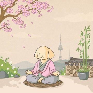 A cute cartoon illustration of a dog dressed in traditional clothing meditating in a serene garden with cherry blossoms and bamboo, with a tower visible in the background.
