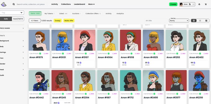A screenshot of an NFT marketplace interface showing various cartoon-style avatar characters for sale, with user "damien" logged in.