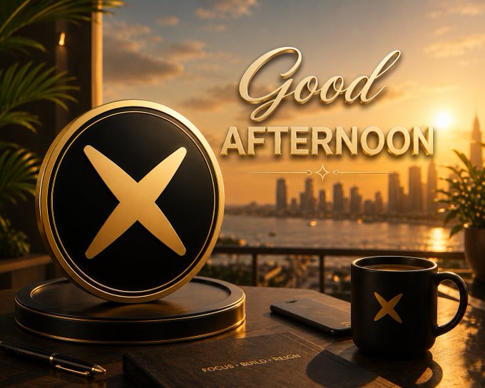 A promotional graphic featuring a gold and black XRP (X) logo medallion and a matching mug on a desk, with the text 'Good AFTERNOON' overlaid on a sunset cityscape background.
