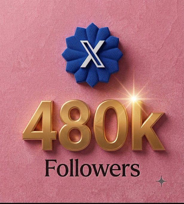 A celebratory graphic on a pink textured background displays the X logo as a blue ribbon rosette above gold 3D text reading '480K Followers'.