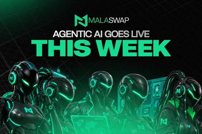 A promotional graphic for MALASWAP announces 'AGENTIC AI GOES LIVE THIS WEEK' with futuristic armored characters in green and black.