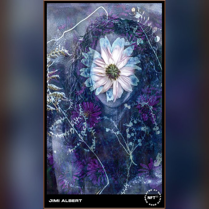 An artistic NFT piece by Jimi Albert titled 'Regard on my Dream' featuring a woman with a large pink flower covering her face, surrounded by purple flowers and ethereal light effects.