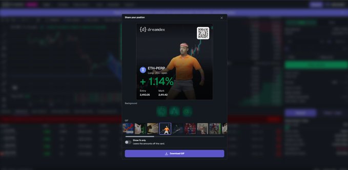 A trading interface screenshot showing a position share modal for '$dreumdex' on an ETH-PERP pair showing +114% gains, with a cartoon avatar character.