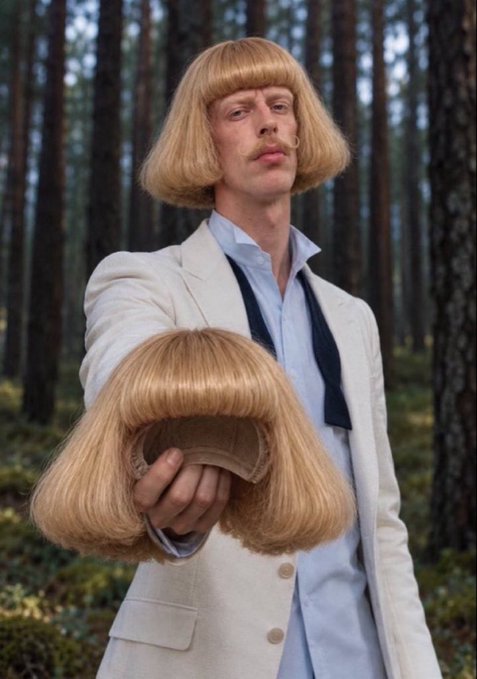 A man in a white suit stands in a forest with a blonde bob wig on his head while holding another identical wig out in his hand.