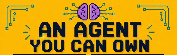 A pixel-art banner on a yellow background reads "AN AGENT YOU CAN OWN" with a purple brain icon surrounded by circuit lines.