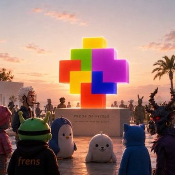 A 3D rendered image showing cartoon characters gathered around a stone monument inscribed 'PROOF OF PIXELS', with a colorful pixelated cross sculpture glowing above it against a sunset sky.