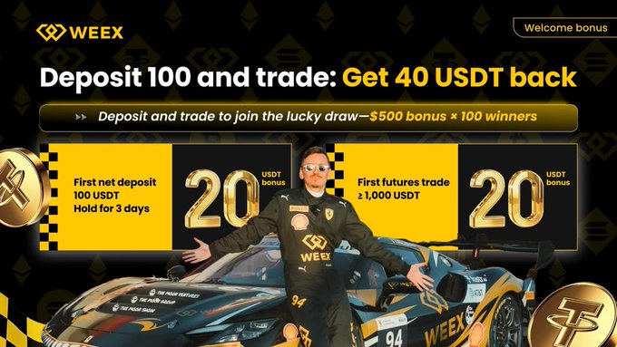 The image features a man standing next to a sports car, with the text "Weex Limited" written beneath him. The image also contains a screenshot of a trading platform where users can deposit 100 USDT (United States Dollar) and trade for up to three days to potentially win 40 USDT (United States Dollar) back in exchange for joining the lucky draw. The post emphasizes the opportunity to participate in these promotions, offering users the chance to earn money through their future trades if they succeed in the draw's predetermined goals.