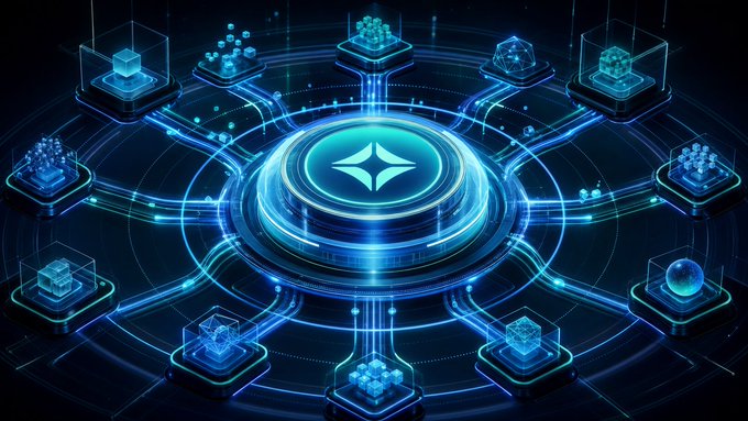 Digital artwork depicting a glowing blue Ethereum logo at the center of a futuristic network diagram, connected by illuminated lines to surrounding nodes representing blockchain infrastructure.