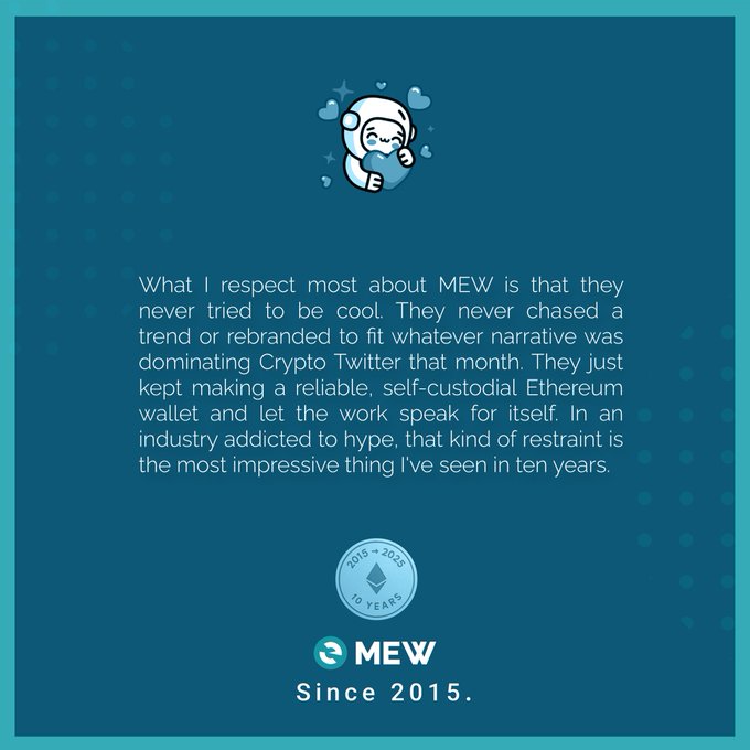 The image features a blue background with white text that reads "What I respect most about MEW is that they never tried to be cool, they never chased a trend or branded themselves to fit whatever narrative was dominant at the time. They kept making memes that were relevant and humorous to their audience." The post also includes an image of a person wearing a funny hat with a heart on it. "What I respect most about MEW is that they never tried to be cool, they never chased a trend or branded themselves to fit whatever narrative was dominant at the time. They kept making memes that were relevant and humorous to their audience."