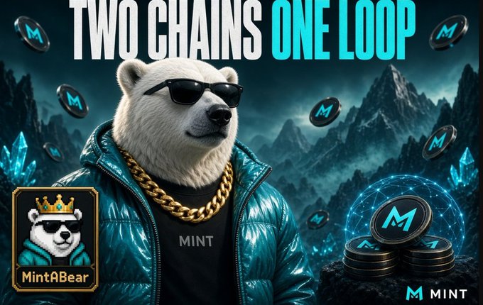 A promotional graphic features a polar bear wearing sunglasses and a gold chain jacket with the text 'TWO CHAINS ONE LOOP' and 'MintABear' branding for MINT cryptocurrency.