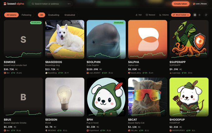 A cryptocurrency trading interface called 'based alpha' displaying various memecoin tokens with tickers such as $SMOKE, $BASEDDOG, $DOLPHIN, $ALPHA, $SUPERAPP, $BUS, $SEDISON, $PIH, $SBCAT, and $HOODPUP, each with prices and market cap data.