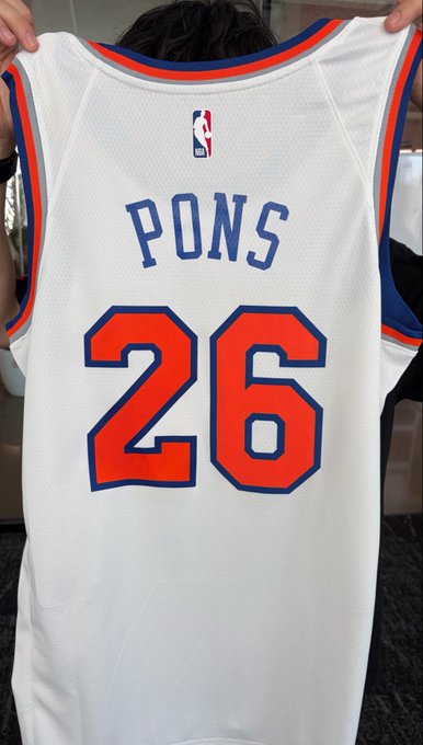 A person holds up a white New York Knicks jersey featuring the name "PONS" and number "26" in orange and blue, likely a gift or shoutout to fans @Shwchlorine and @Alchemy.