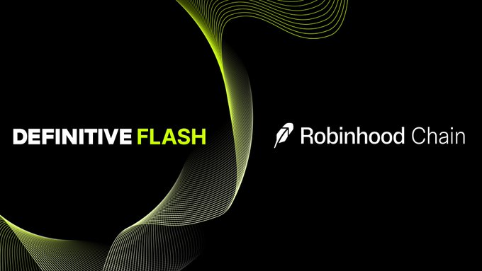 A promotional graphic with green wave designs on a black background, displaying 'DEFINITIVE FLASH' and the 'Robinhood Chain' logo.
