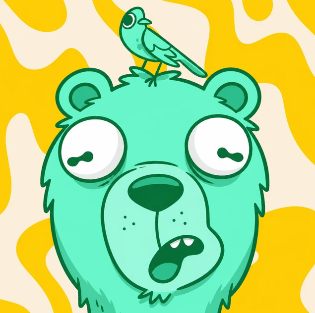 A cartoon illustration of a teal bear with wide surprised eyes and a small bird perched on top of its head, set against a yellow and cream camouflage-patterned background.