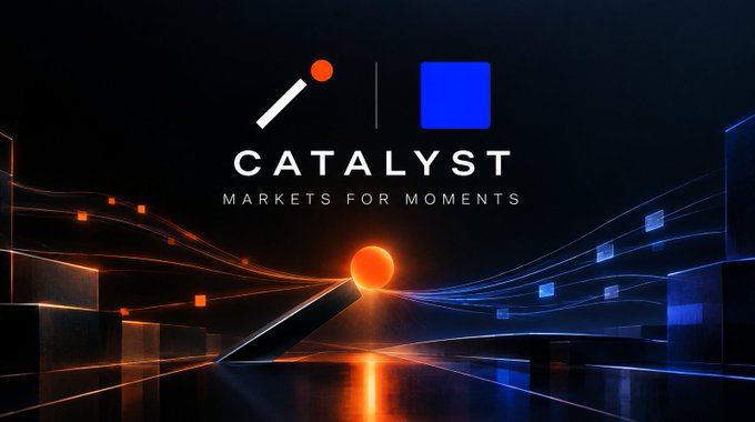 A digital artwork featuring the word 'CATALYST' in large white letters with the tagline 'MARKETS FOR MOMENTS' below, set against a dark background with abstract orange and blue light trails and geometric shapes.
